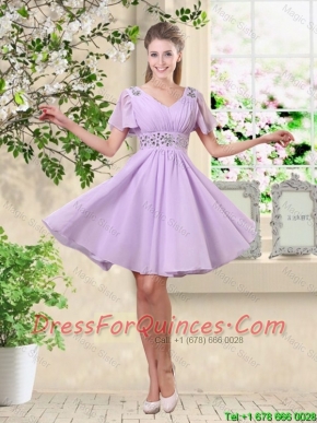 Simple A Line V Neck Beaded Junior Dresses in Lavender