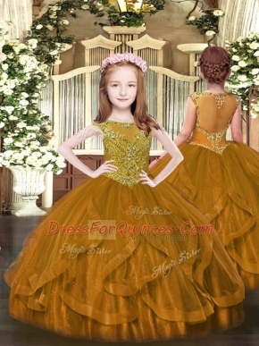 Unique Floor Length Brown Kids Pageant Dress Tulle Sleeveless Beading and Ruffles