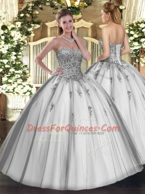 Grey Ball Gowns Beading and Appliques Sweet 16 Quinceanera Dress Lace Up Tulle Sleeveless Floor Length
