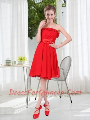 Wonderful Ruching Strapless Bowknot Dama Dress in Red