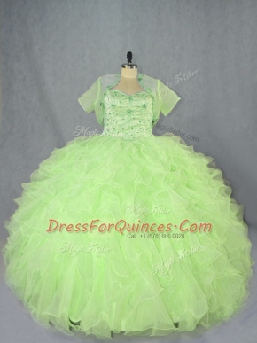 Affordable Yellow Green Organza Lace Up Quince Ball Gowns Sleeveless Floor Length Beading and Ruffles