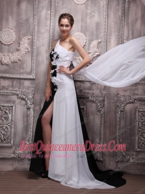 White and Black Empire One Shoulder Watteau Train Chiffon Handle Flowers  Prom Dress