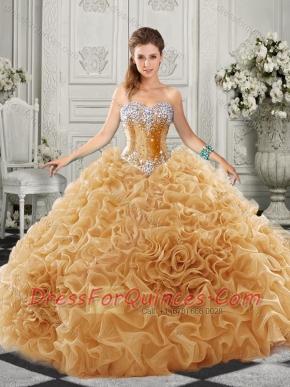 Luxurious Organza Champagne 15th Birthday Dresseswith Beading and Ruffles