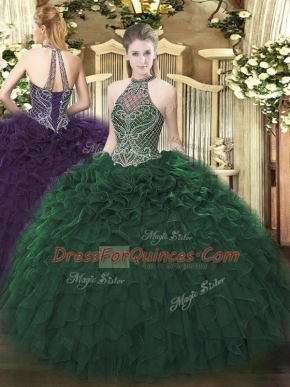 Edgy Dark Green Halter Top Neckline Beading and Ruffles 15th Birthday Dress Sleeveless Lace Up
