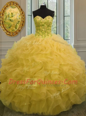 High End Gold Ball Gowns Organza Sweetheart Sleeveless Beading and Ruffles Floor Length Lace Up Quince Ball Gowns