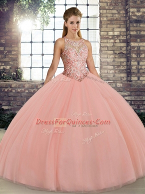 Suitable Peach Sleeveless Floor Length Embroidery Lace Up Vestidos de Quinceanera