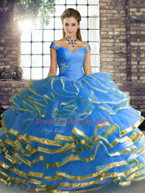 Smart Blue Ball Gowns Tulle Off The Shoulder Sleeveless Beading and Ruffled Layers Floor Length Lace Up Vestidos de Quinceanera