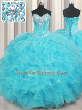 Perfect Floor Length Aqua Blue Quince Ball Gowns Sweetheart Sleeveless Lace Up