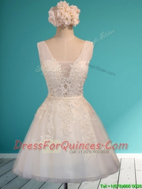 Gorgeous White Deep V Neckline Dama Dresses with Appliques and Belt