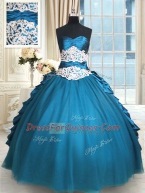 Captivating Teal Sleeveless Floor Length Beading and Lace and Appliques and Ruching Lace Up Ball Gown Prom Dress