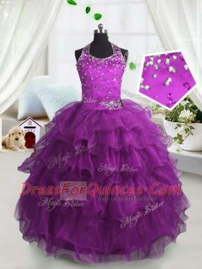 Scoop Sleeveless Lace Up Floor Length Beading and Ruffled Layers Child Pageant Dress