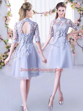 Top Selling Half Sleeves Tulle Mini Length Lace Up Damas Dress in Grey with Lace