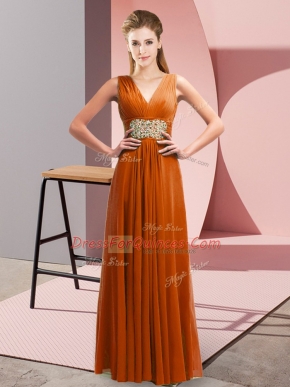 Rust Red Side Zipper V-neck Beading and Ruching Prom Dresses Chiffon Sleeveless