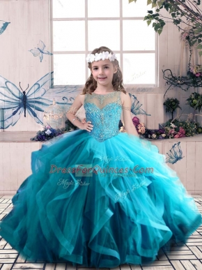 Custom Designed Floor Length Blue Little Girls Pageant Gowns Tulle Sleeveless Beading and Ruffles