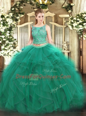 Sleeveless Tulle Floor Length Lace Up Quince Ball Gowns in Turquoise with Beading and Ruffles