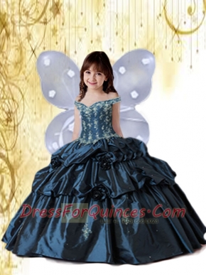 Navy Blue Off The Shoulder Appliques and Pick-ups Little Girl Pageant Dress