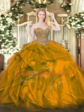 Orange Lace Up Quinceanera Gown Beading and Ruffles Sleeveless Floor Length