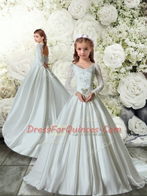 Beautiful Long Sleeves Brush Train Lace Clasp Handle Flower Girl Dress