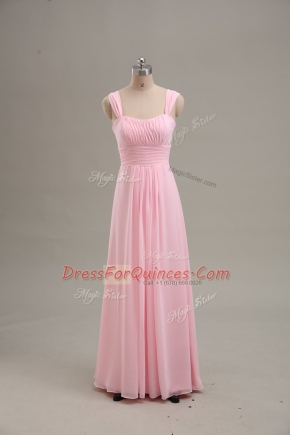 Baby Pink Chiffon Zipper Straps Sleeveless Floor Length Ruching