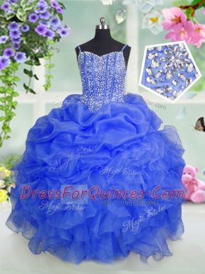 Stunning Baby Blue Spaghetti Straps Lace Up Beading and Ruffles and Pick Ups Kids Formal Wear Sleeveless