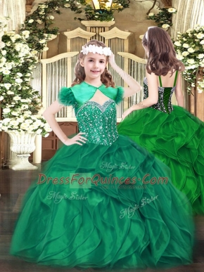 Cute Dark Green Organza Lace Up Straps Sleeveless Floor Length Pageant Dress Wholesale Beading and Ruffles