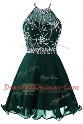 Fashion Scoop Dark Green Sleeveless Mini Length Beading and Belt Zipper Dress for Prom