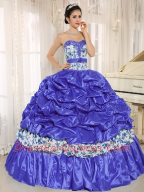 2013 Sweet Quinceanera Dress With Beaded and Pick-ups In Blue Taffeta and Printing