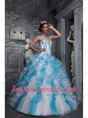 White and Blue Ball Gown Sweetheart Floor-length Taffeta and Organza Appliques Quinceanera Dress
