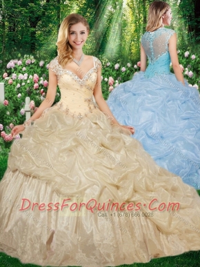 Gorgeous Straps Brush Train Quinceanera Gowns with Beading