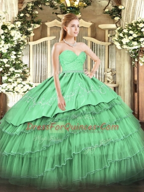 Green Organza and Taffeta Zipper Sweetheart Sleeveless Floor Length Ball Gown Prom Dress Beading and Lace and Embroidery and Ruffled Layers