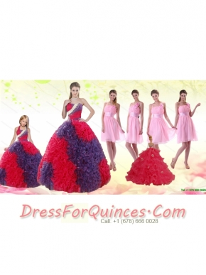 Multi Color Ball Gown Ruffles Quinceanera Dress and Ruching Baby Pink Dama Dresses and  Halter Top Multi Color Little Girl Dress