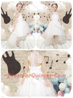 2016 Lovely High Low Halter Top White Flower Adorable Little Girl Pageant Dresses