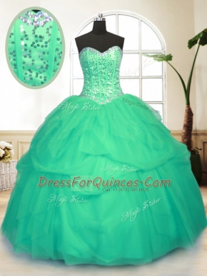 Spectacular Green Sleeveless Floor Length Sequins and Pick Ups Lace Up Sweet 16 Dress