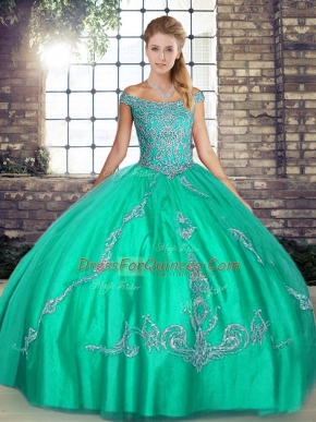 Deluxe Turquoise Lace Up Off The Shoulder Beading and Embroidery Vestidos de Quinceanera Tulle Sleeveless