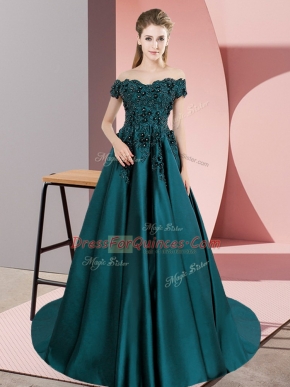 Satin Sleeveless Floor Length Quinceanera Dresses Court Train and Lace