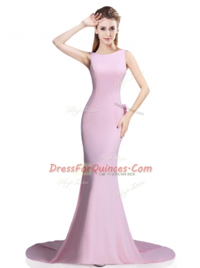 Fabulous Pink Prom Evening Gown Elastic Woven Satin Brush Train Sleeveless Beading and Bowknot