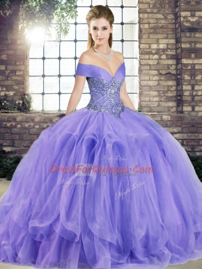 Sleeveless Tulle Floor Length Lace Up Quince Ball Gowns in Lavender with Beading and Ruffles