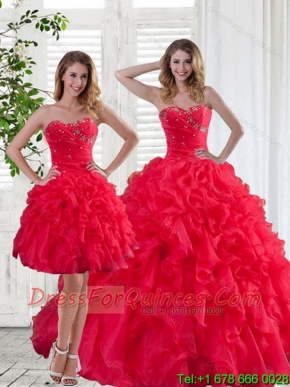 2015 Red Strapless Quinceanera Dress with Ruffles and Beading