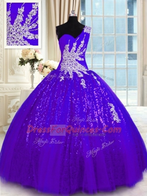 Dazzling One Shoulder Sleeveless Tulle and Sequined Floor Length Lace Up Sweet 16 Dresses in Purple with Appliques