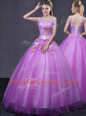 Inexpensive Scoop Sleeveless 15 Quinceanera Dress Floor Length Beading and Appliques Lilac Tulle