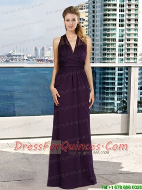 V Neck Empire Ruching Dark Purple Prom Dress with Floor Length
