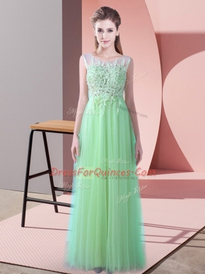 Apple Green Tulle Zipper Quinceanera Dama Dress Sleeveless Brush Train Beading and Lace