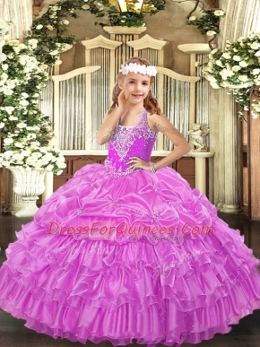 Lilac Kids Formal Wear Party and Quinceanera with Beading and Ruffled Layers and Pick Ups V-neck Sleeveless Lace Up