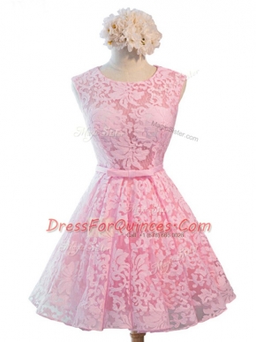 Baby Pink A-line Lace Scoop Sleeveless Belt Knee Length Lace Up Dama Dress for Quinceanera