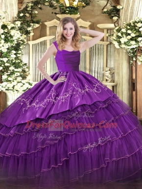 Fine Eggplant Purple Quinceanera Dress Military Ball and Sweet 16 and Quinceanera with Embroidery and Ruffled Layers Straps Sleeveless Zipper
