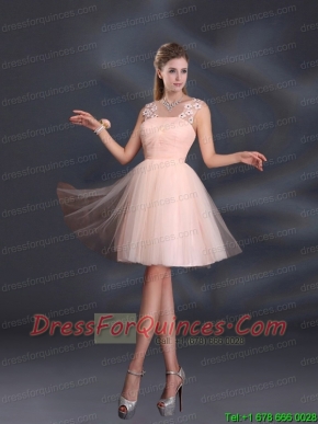 Straps Appliques Prom Dresses in Baby Pink