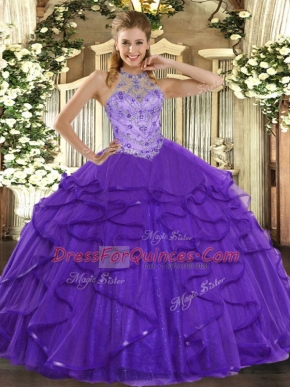 Purple Sleeveless Floor Length Beading and Ruffles Lace Up 15th Birthday Dress