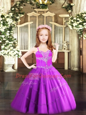 Fuchsia Kids Formal Wear Party and Quinceanera with Beading Spaghetti Straps Sleeveless Lace Up