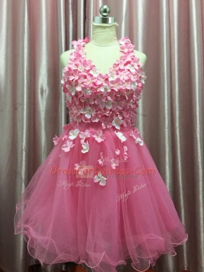Designer Hand Made Flower Prom Party Dress Pink Backless Sleeveless Mini Length