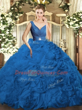 Discount Fabric With Rolling Flowers V-neck Sleeveless Backless Beading and Ruching Quinceanera Dress in Blue